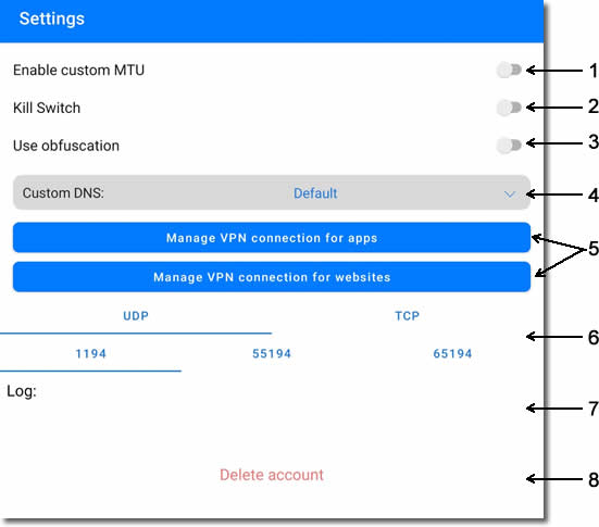 VPNUK App optional connection settings